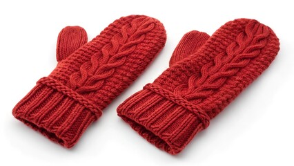 Red knitted winter mittens closeup made rom thick yarn isolated on transparent and white background 
 