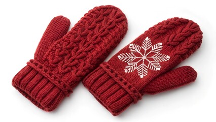 Red knitted winter mittens closeup made rom thick yarn isolated on transparent and white background 
 