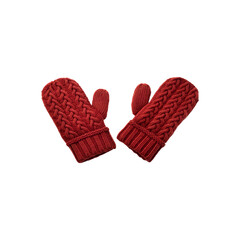 Red knitted winter mittens closeup made rom thick yarn isolated on transparent and white background 
 