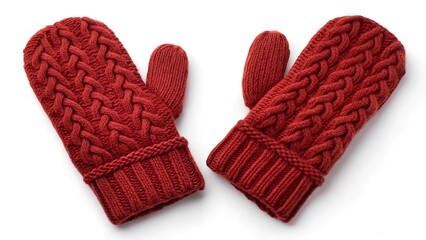 Red knitted winter mittens closeup made rom thick yarn isolated on transparent and white background 
 