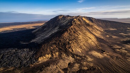 Fototapeta premium Sunlit Volcanic Ridge with Streaked Lava Rocks in an Expansive Barren Landscape : Generative AI
