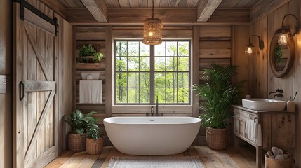 Rustic wooden bathroom interior, cozy cabin style, exposed beams, vaulted ceiling, barn door, natural light, vintage lighting, farmhouse aesthetic, white fixtures, wall-mounted sink, plants.