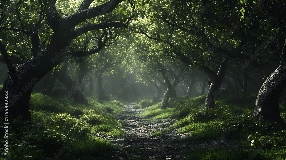 Aufkleber mystical forest pathway with overhanging branches and illuminating sunlight : generative ai