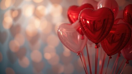 Cluster of Red Heart Balloons with Bokeh Lighting
