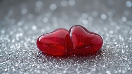 Two Red Hearts on Glittery Silver Background