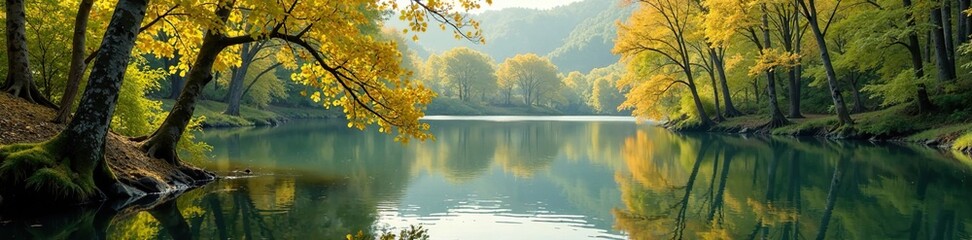A lake in early spring with aspen branches and leaves suspended in the water, lake, spring, tremula