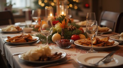Holiday Table Setting with Roasted Turkey and Side Dishes