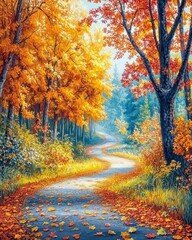 Naklejka premium Serene Autumn Pathway through Vibrant Trees with Colorful Foliage and Soft Light in a Tranquil Forest Setting During the Fall Season