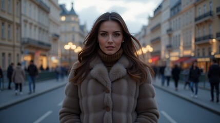Fototapeta premium Woman in Fur Coat by a Riverfront Cityscape at Twilight