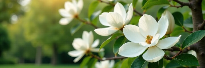 Obraz premium A large magnolia tree with white flowers blooming in a garden, floral arrangement, tree flowers