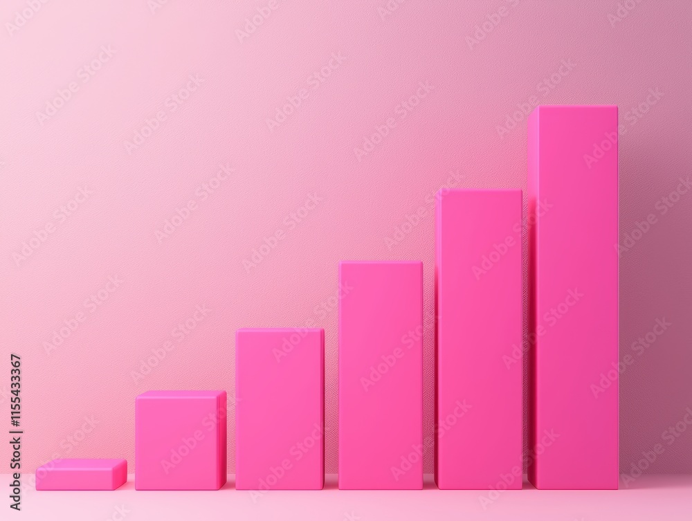 Poster 3d pink bar graph with rectangular blocks arranged in ascending order, representing business growth and data visualization on a monochromatic pink background