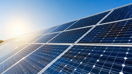 Obraz premium Solar Panels Angled Towards Sunlight in Clear Sky