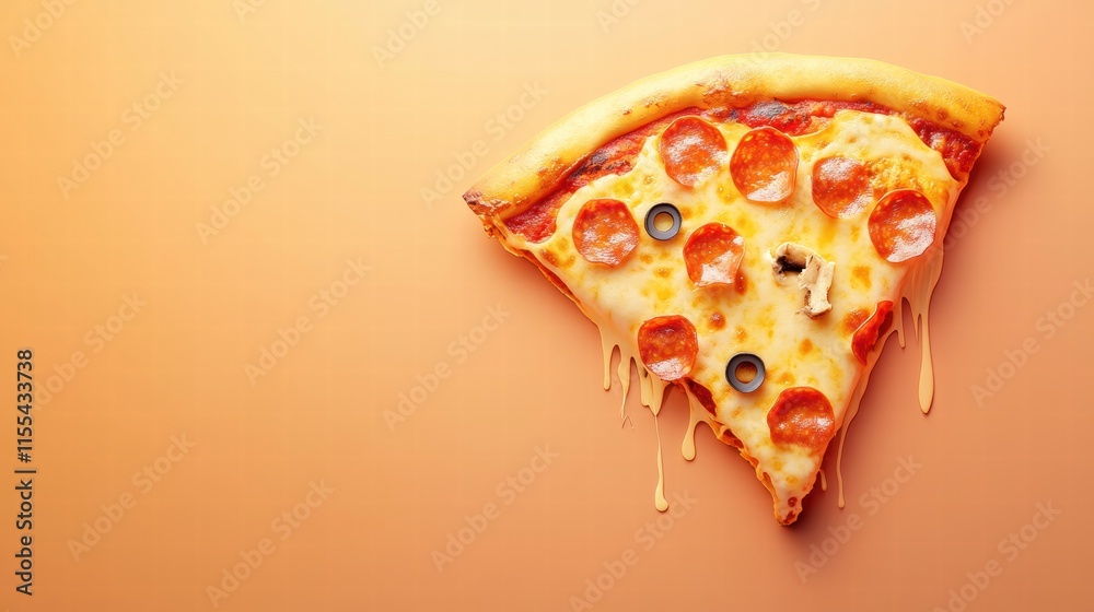 Poster delicious pizza slice with stylized toppings and cheese drips on a minimalist background showcasing 