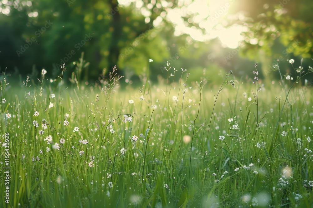 Poster sunlight filters through green grass and wildflowers in a serene meadow at dawn, creating a peaceful