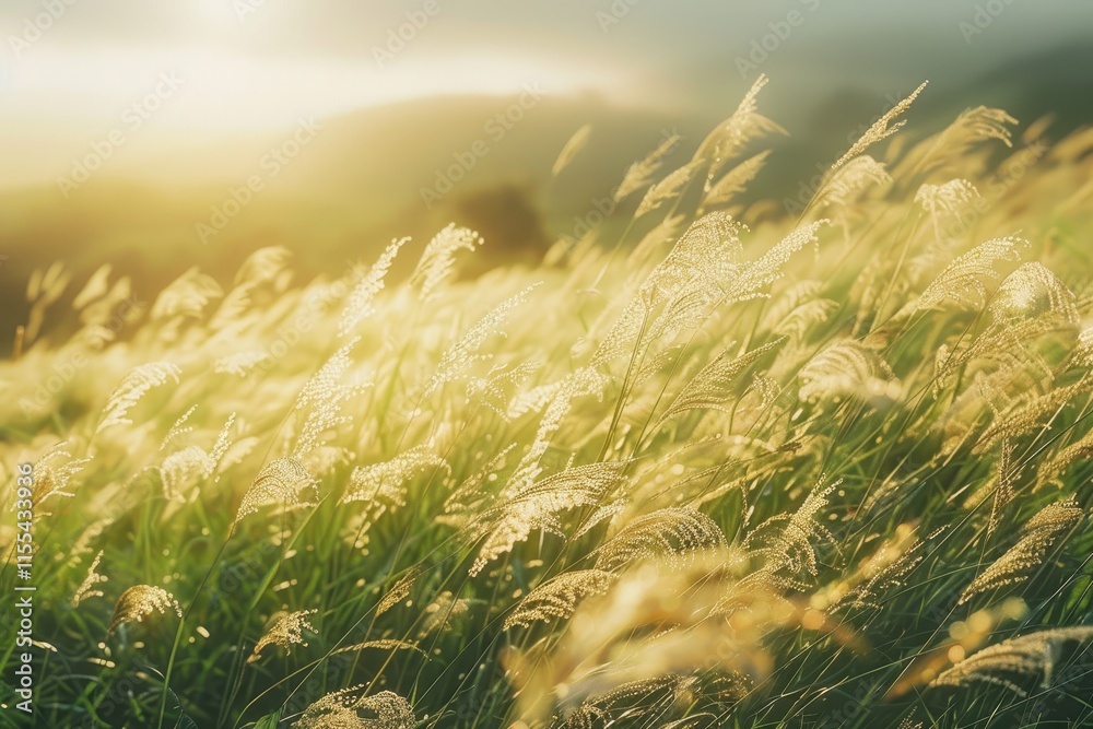 Poster sunlight filters through green grass and wildflowers in a serene meadow at dawn, creating a peaceful