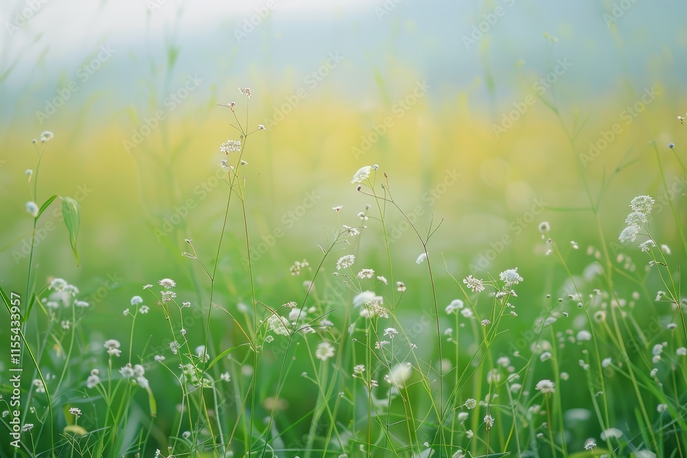 Poster sunlight filters through green grass and wildflowers in a serene meadow at dawn, creating a peaceful