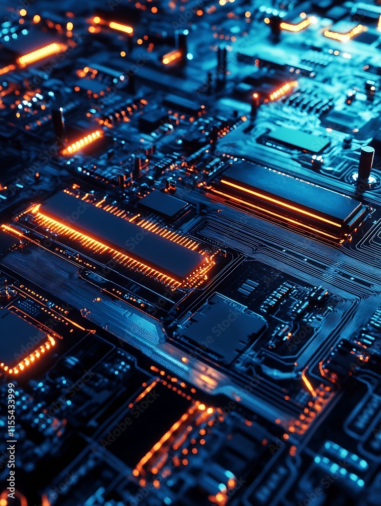 Poster Advanced Electronic Circuit Board with Integrated Chips and Orange LED Lighting : Generative AI