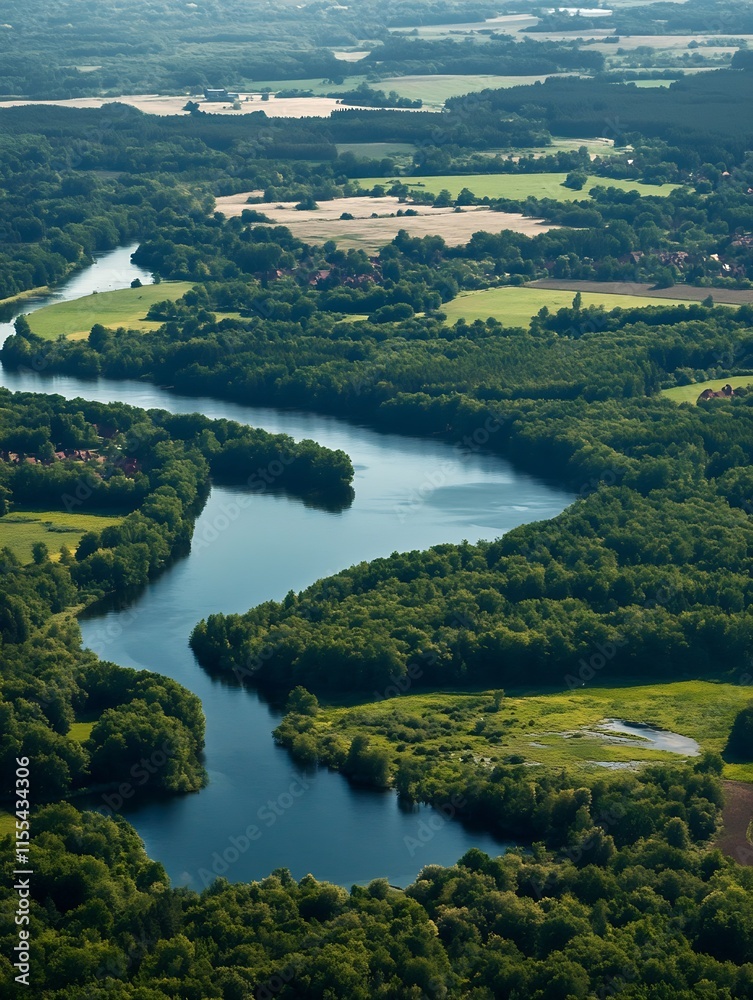 Poster Serene River Flowing Through Dense Forest Landscape Aerial View Rural Tranquility : Generative AI