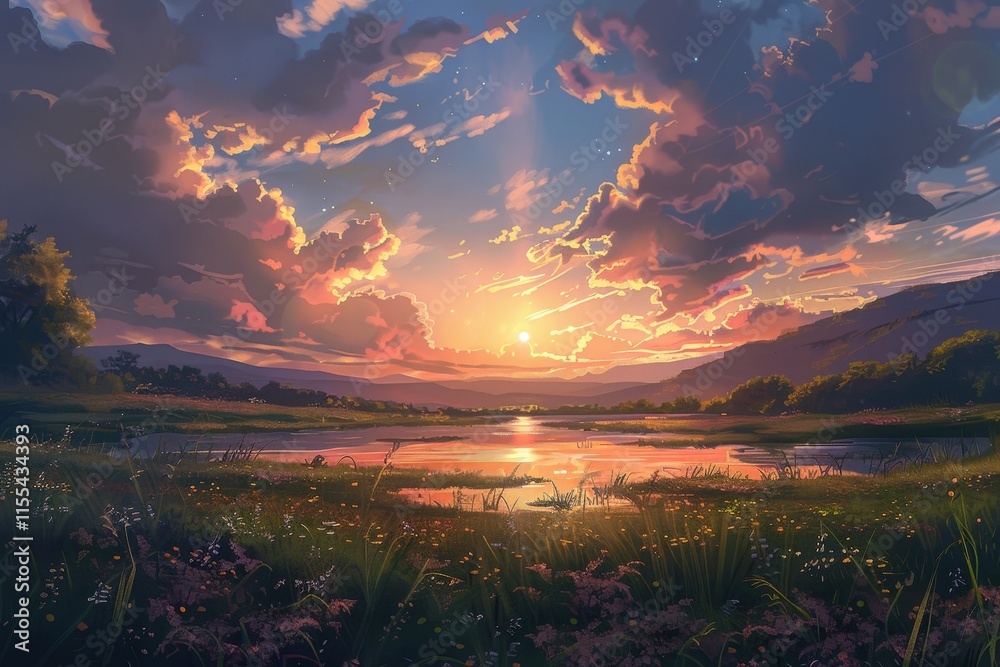 Poster sunset over a serene lake with vibrant clouds and reflections in the water, capturing a tranquil mom