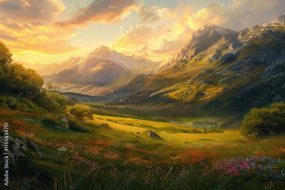 Poster sunset over rolling hills and valleys in a serene landscape with warm hues illuminating the sky and 