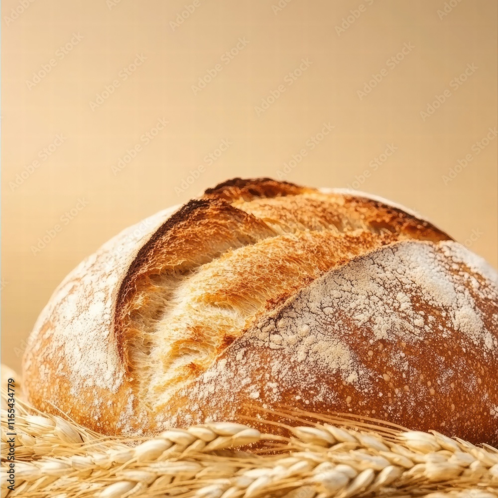 Poster minimalist bread loaf with wheat grains on textured surface, perfect for showcasing recipes and culi