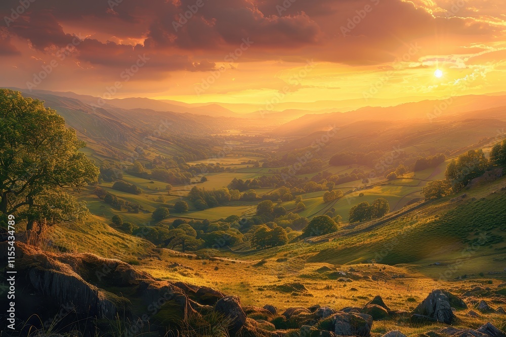 Poster sunset over rolling hills and valleys in a serene landscape with warm hues illuminating the sky and 