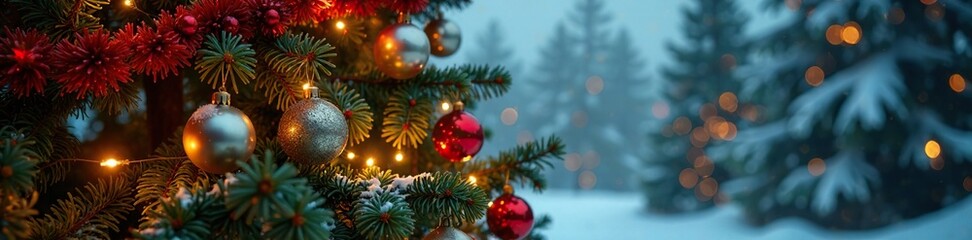 A majestic fir tree is adorned with sparkling ornaments and red garlands, sparkling ornaments, holiday cheer, natural scenery