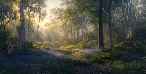 Naklejka premium Serene Forest Pathway Illuminated by Morning Light Surrounded by Lush Greenery and Colorful Bluebell Flowers in an Enchanted Woodland Setting