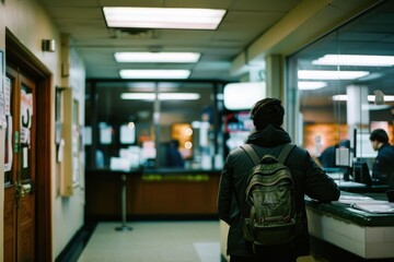 Person with a backpack waiting at a service counter in a bright convenience store during the day in an urban setting