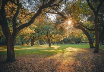 Naklejka premium Serene Golden Hour in a Lush Green Park Surrounded by Majestic Trees and Sunlight Filtering Through the Leaves, Evoking Peace and Tranquility in Nature