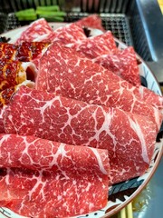 Close up sliced Wagyu beef steak prepared for Yakiniku (Japanese barbecue)