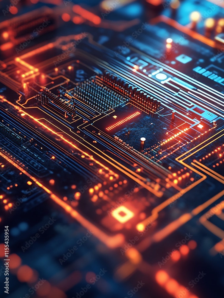 Poster Close up of illuminated electronic circuit with glowing pathways : Generative AI