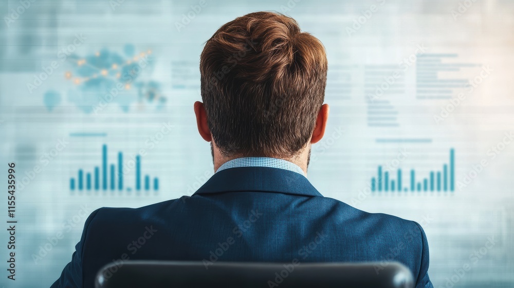 Poster businessman analyzing global data charts and connections on a futuristic screen in a modern office f
