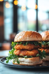 Deliciously Soft Bang Bang Chicken Sliders Served in a Cozy Cafe with Bokeh Background and Warm Lighting