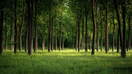 Sublime Green Forest with Sunlit Glade Among Tall Trees for Nature Lovers and Recreation : Generative AI
