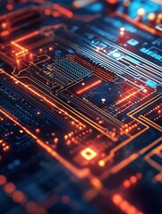 Fototapeta premium Close up of illuminated electronic circuit with glowing pathways : Generative AI