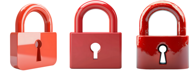 set of 3 diffrent red padlock isolated over transparent (white) background; side & front view