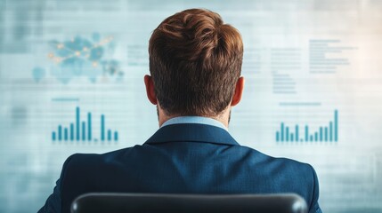 Businessman analyzing global data charts and connections on a futuristic screen in a modern office focused on analytics and strategy