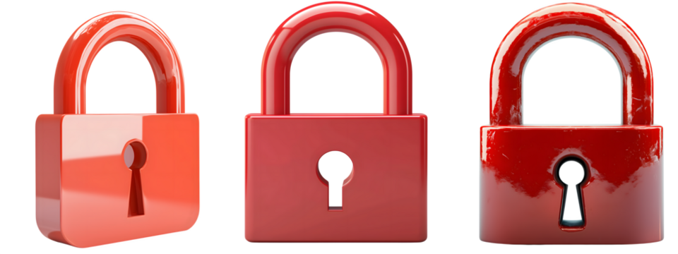 set of 3 diffrent red padlock isolated over transparent (white) background; side & front view - Powered by Adobe