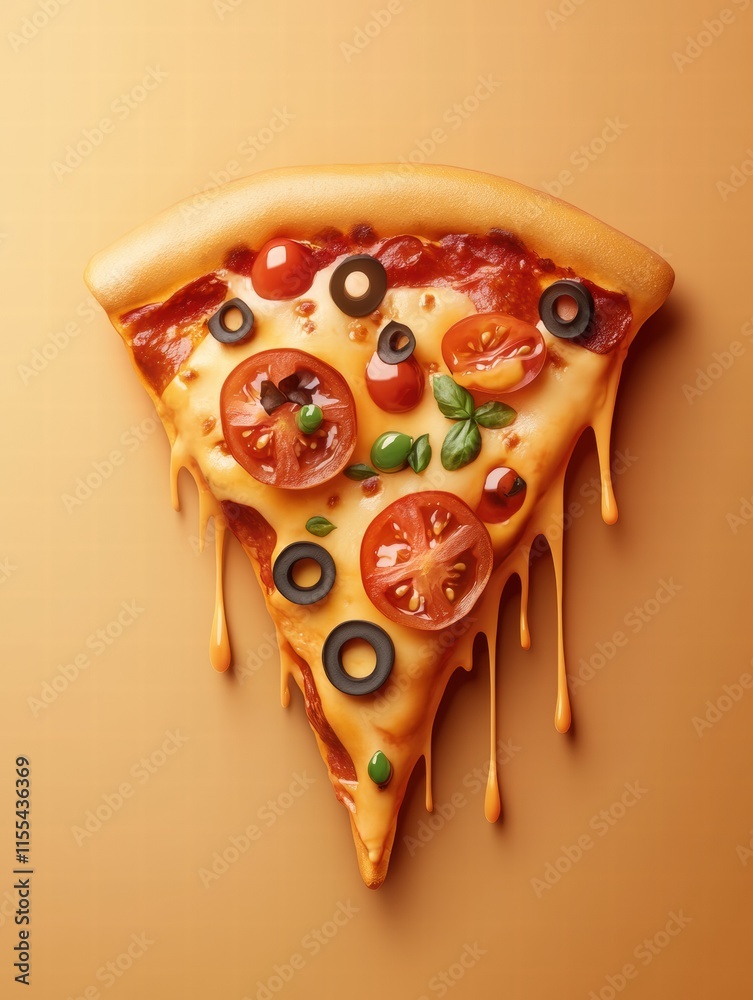 Aufkleber delicious pizza slice with colorful toppings and gooey cheese, ideal for minimalist design, ready to