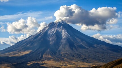 Fototapeta premium Snowy Volcano Peak Erupting Under Bright Blue Sky on Warmed Mountainous Range : Generative AI
