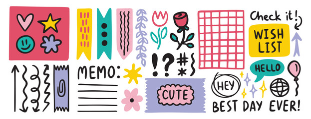 Fototapeta premium Memo icon, sticker for school, girls. Diary bullet notes cute journal border elements. 