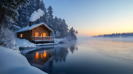 Fototapeta premium Serene lakeside winter landscape, rustic wooden sauna cabin, steam from chimney, frozen lake, snow-covered shore, winter wilderness, Nordic scenery, morning mist, snow-capped pine trees.