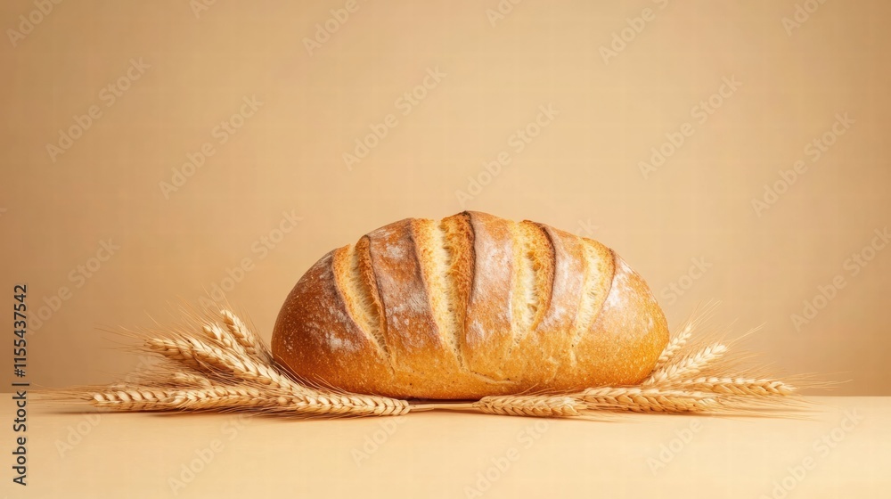 Aufkleber minimalist bread loaf placed on wheat grains with empty space for text or branding. generative ai