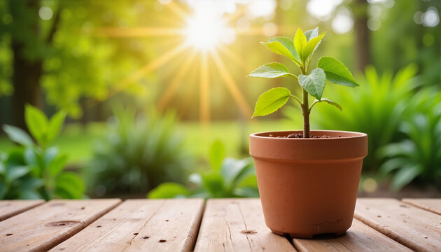 Fototapeta Young plant in a terracotta pot on a wooden table with sunlight, International Earth Day Theme