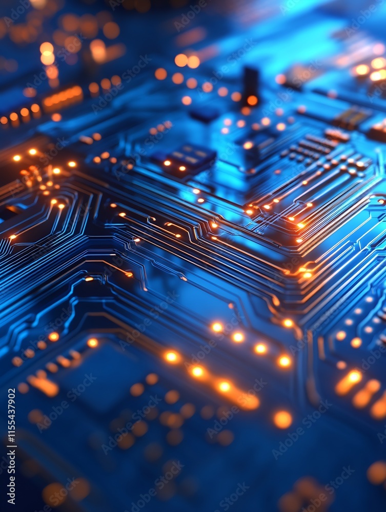 Aufkleber Close Up of Electronic Circuit with Illuminated Pathways and Modern Microchip Design : Generative AI