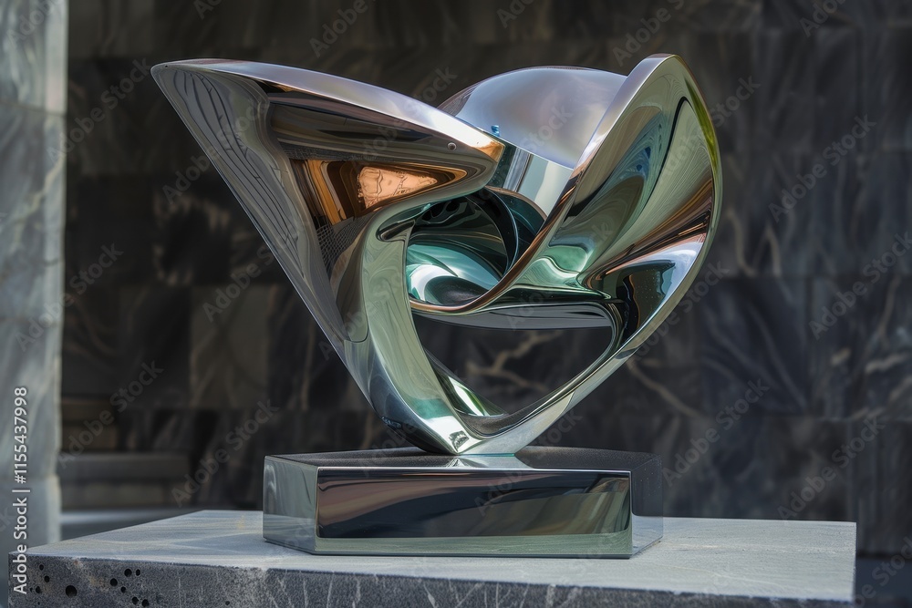 Aufkleber Shiny abstract sculpture displaying dynamic curves and reflections in an outdoor setting with a marble backdrop