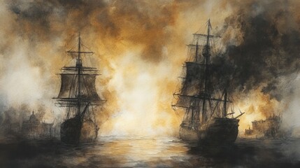 Fototapeta premium Two ships in a dramatic seascape, engulfed in smoke and illuminated by a fiery sky.