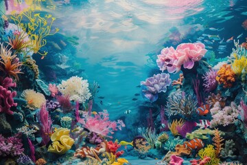 Naklejka premium Colorful underwater coral reef teeming with fish and marine life in a vibrant ocean habitat during daylight hours