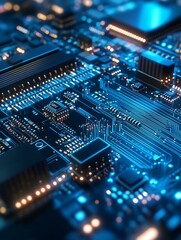 Technologically advanced illuminated blue electronic circuit board reflecting future innovations : Generative AI